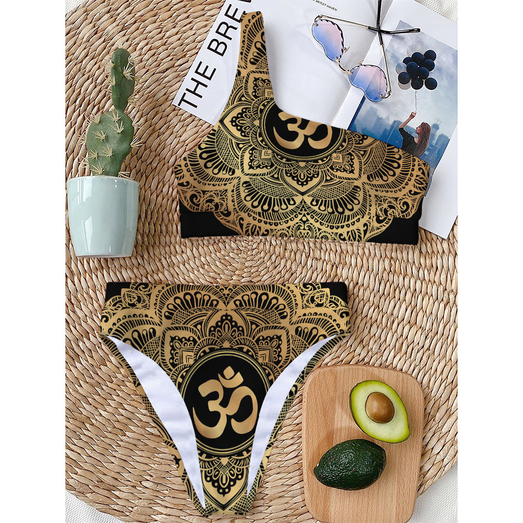 Gold Om Mandala Print One Shoulder Bikini Top