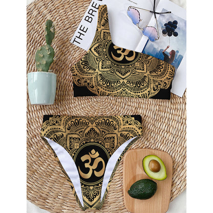 Gold Om Mandala Print One Shoulder Bikini Top