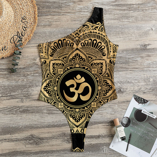 Gold Om Mandala Print One Shoulder Bodysuit