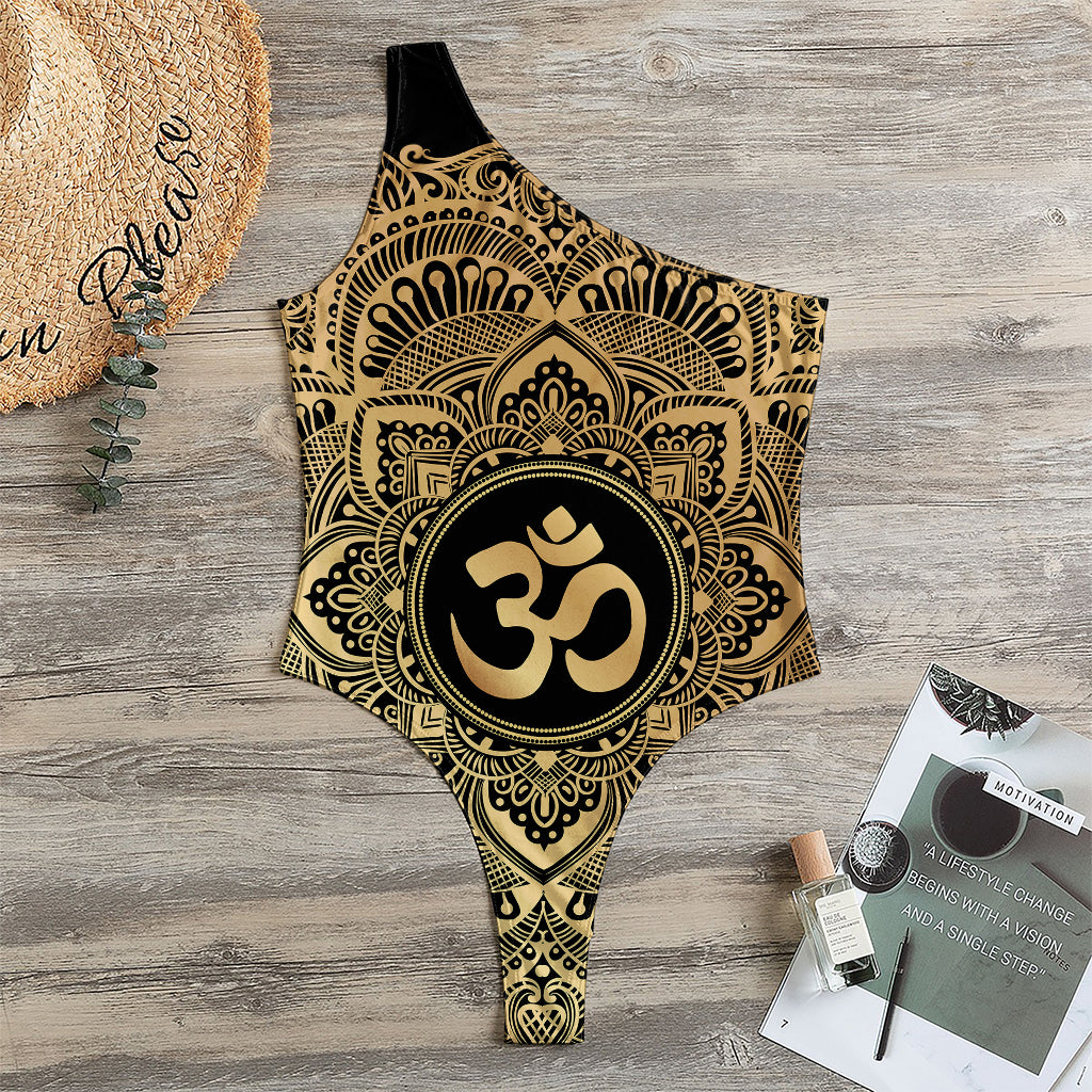 Gold Om Mandala Print One Shoulder Bodysuit