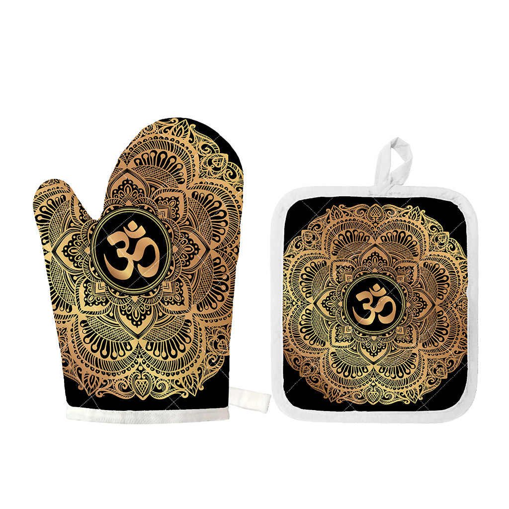 Gold Om Mandala Print Oven Mitt And Pot Holder Set