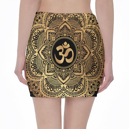Gold Om Mandala Print Pencil Mini Skirt