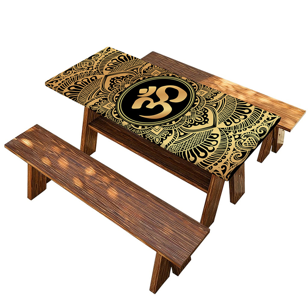 Gold Om Mandala Print Picnic Table Cover
