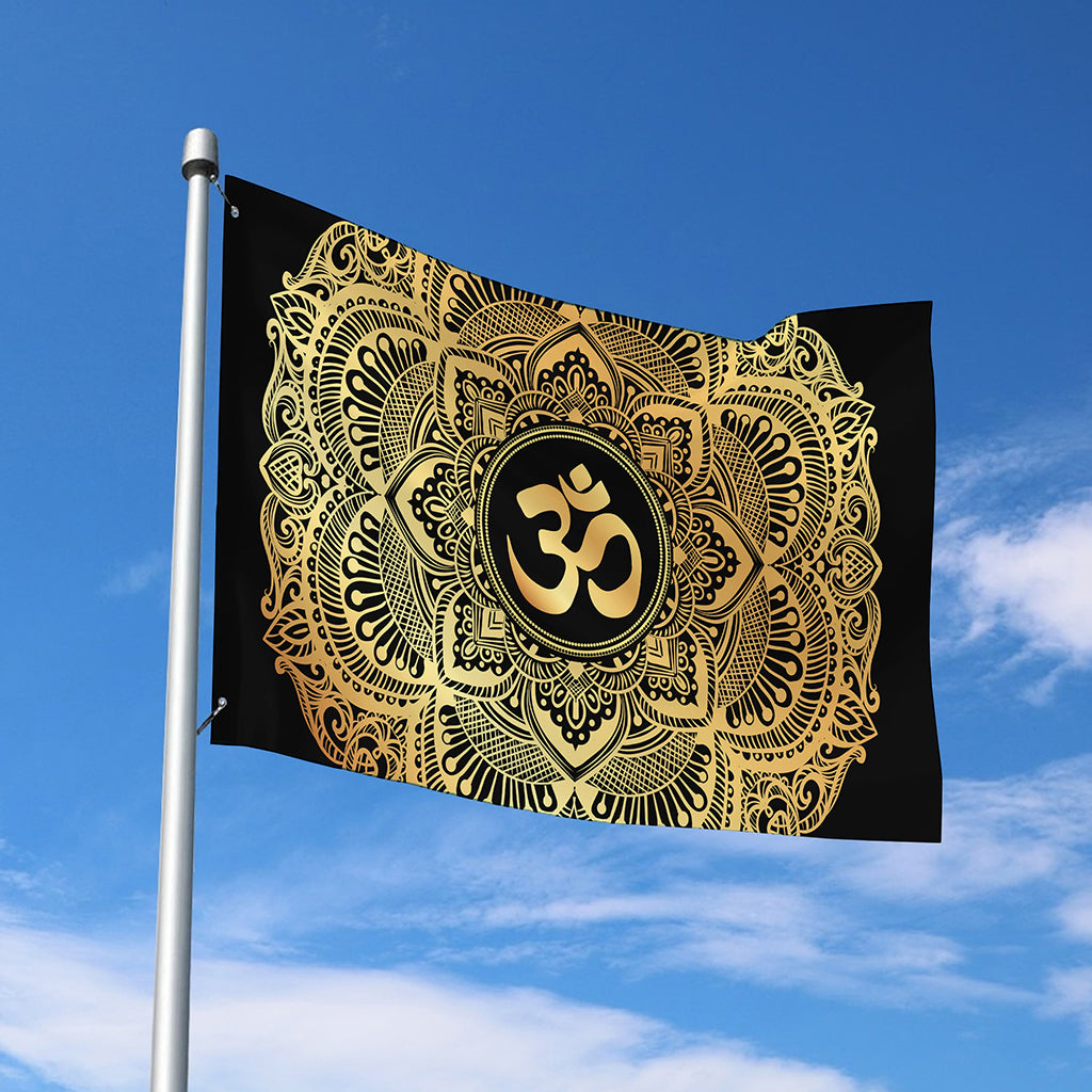 Gold Om Mandala Print Polyester Flag