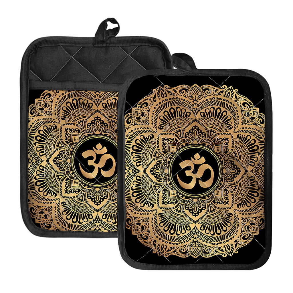 Gold Om Mandala Print Pot Holders With Pocket