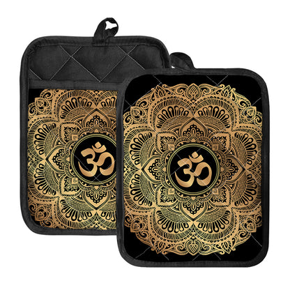Gold Om Mandala Print Pot Holders With Pocket