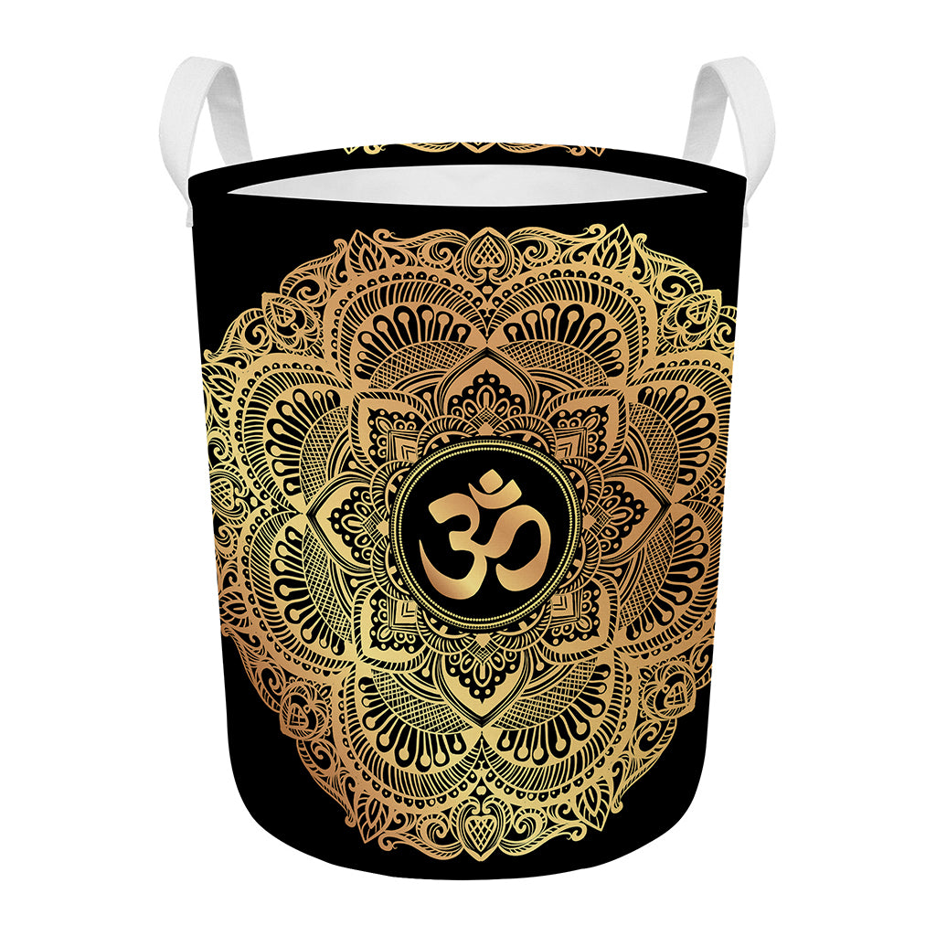 Gold Om Mandala Print Round Laundry Basket