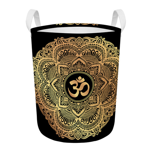 Gold Om Mandala Print Round Laundry Basket