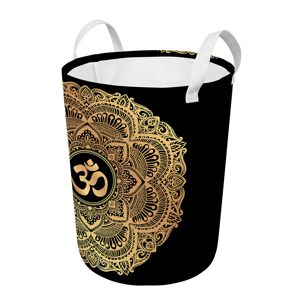 Gold Om Mandala Print Round Laundry Basket