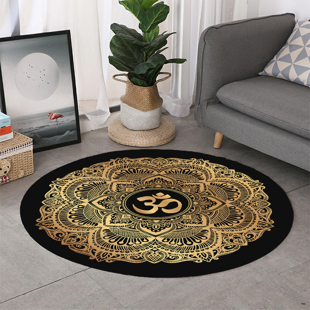 Gold Om Mandala Print Round Rug