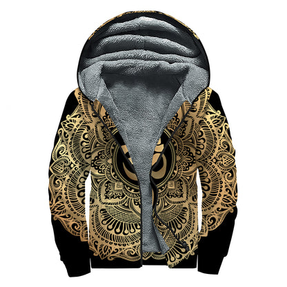 Gold Om Mandala Print Sherpa Lined Zip Up Hoodie