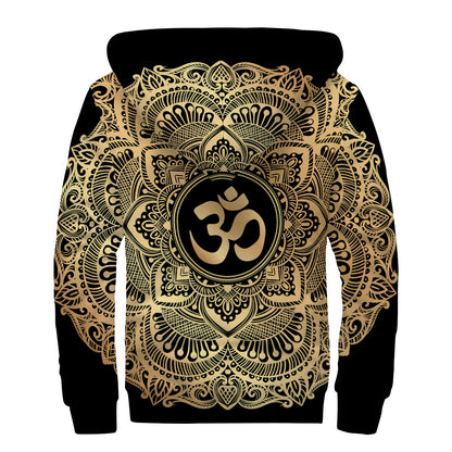Gold Om Mandala Print Sherpa Lined Zip Up Hoodie