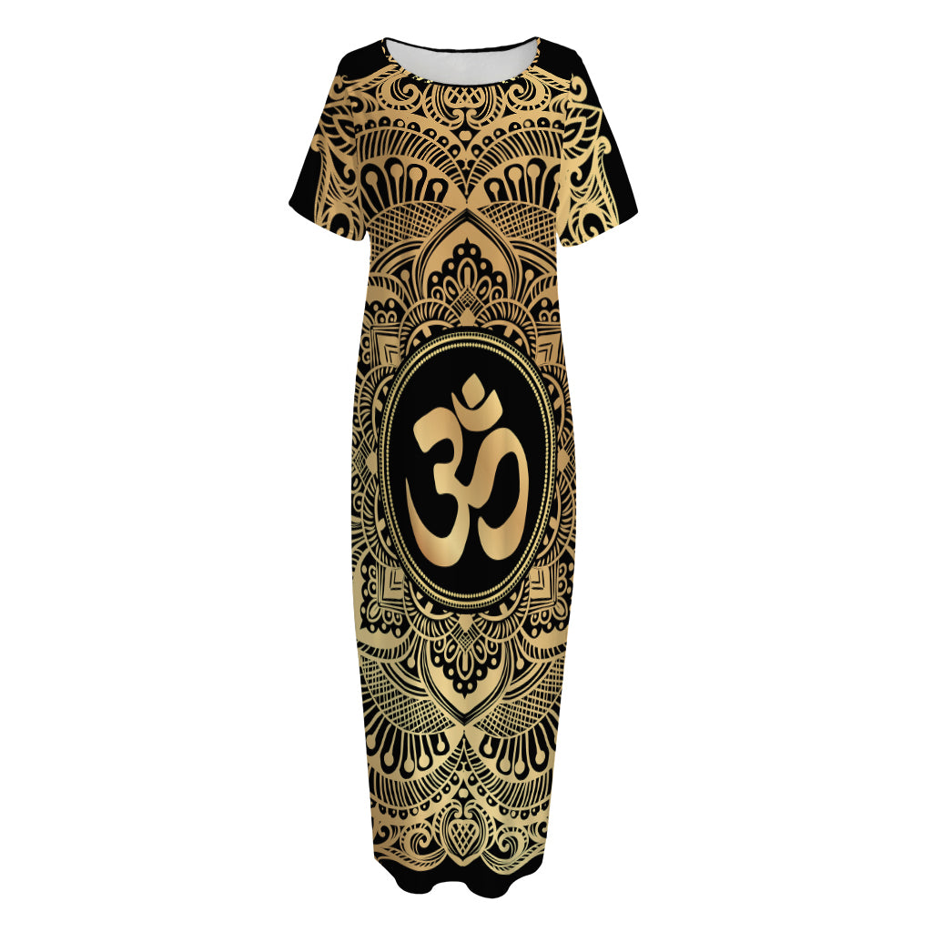 Gold Om Mandala Print Short Sleeve Long Nightdress