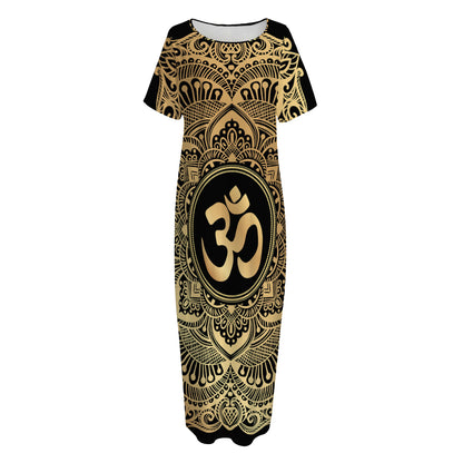 Gold Om Mandala Print Short Sleeve Long Nightdress