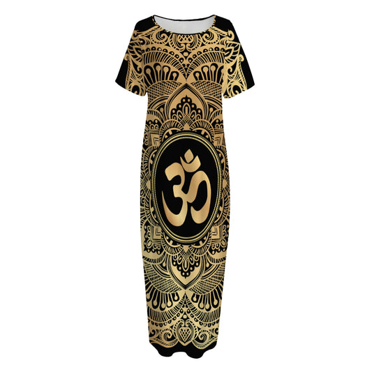 Gold Om Mandala Print Short Sleeve Long Nightdress