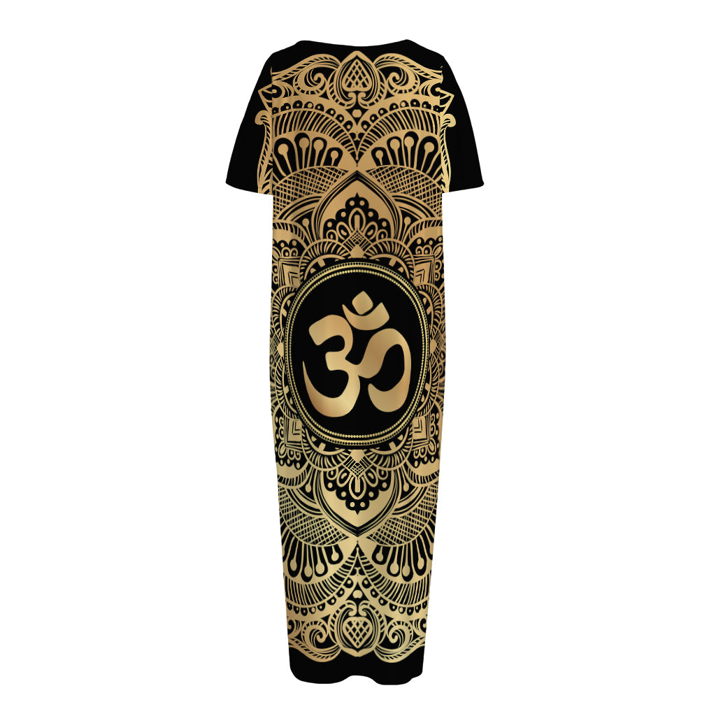 Gold Om Mandala Print Short Sleeve Long Nightdress