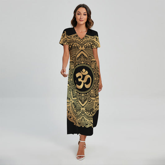 Gold Om Mandala Print Short Sleeve Maxi Dress