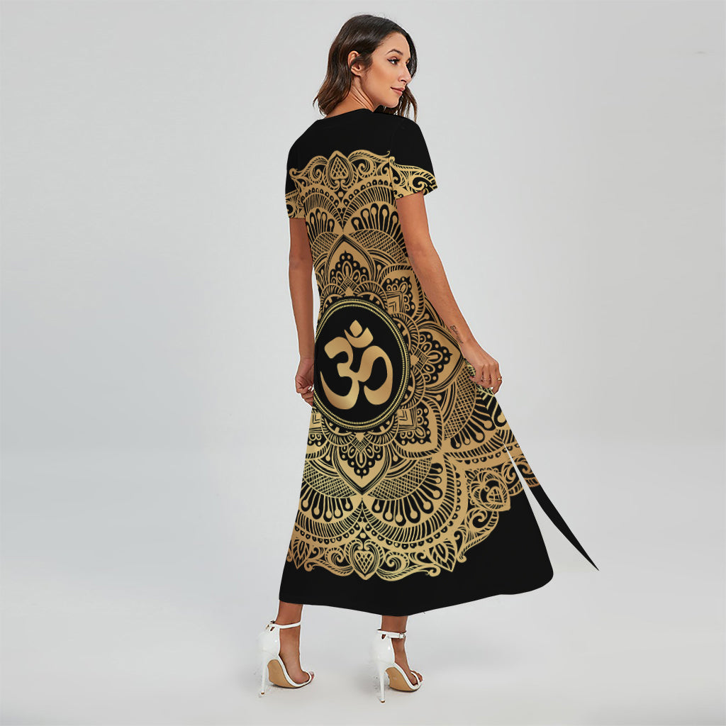 Gold Om Mandala Print Short Sleeve Maxi Dress