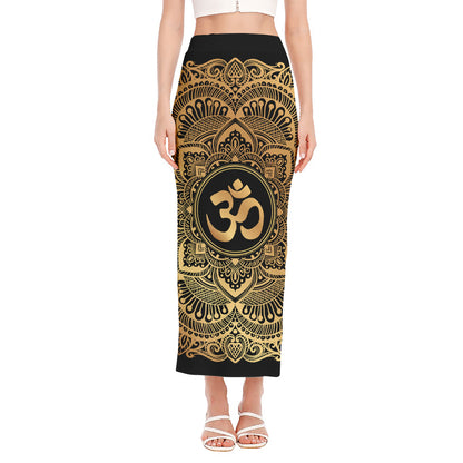 Gold Om Mandala Print Side Slit Maxi Skirt