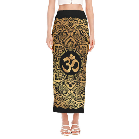Gold Om Mandala Print Side Slit Maxi Skirt
