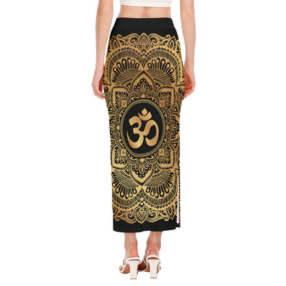 Gold Om Mandala Print Side Slit Maxi Skirt