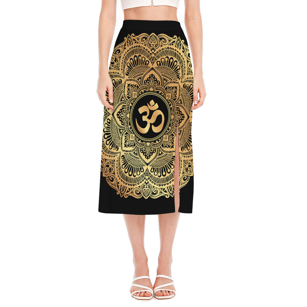 Gold Om Mandala Print Side Slit Midi Skirt