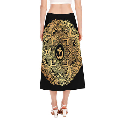 Gold Om Mandala Print Side Slit Midi Skirt