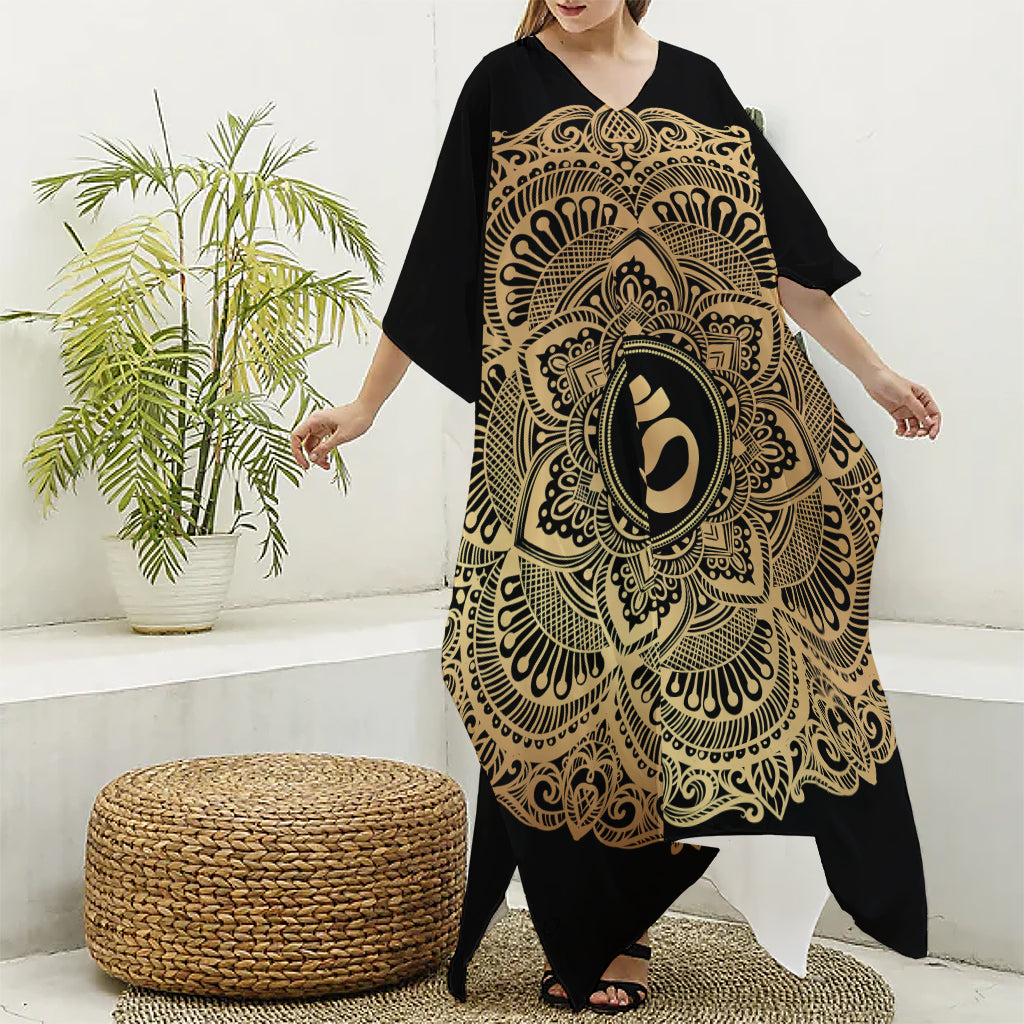 Gold Om Mandala Print Silk V-Neck Kaftan Dress