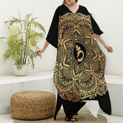Gold Om Mandala Print Silk V-Neck Kaftan Dress