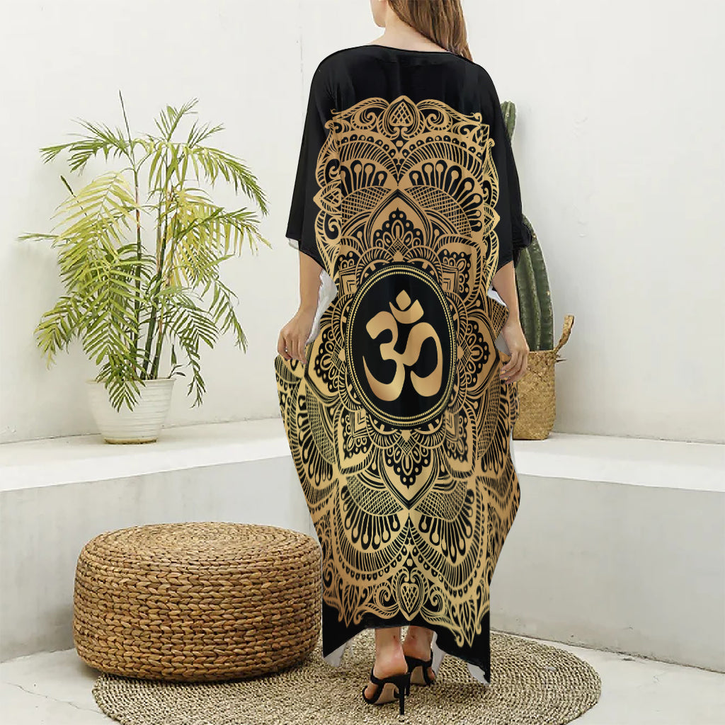 Gold Om Mandala Print Silk V-Neck Kaftan Dress