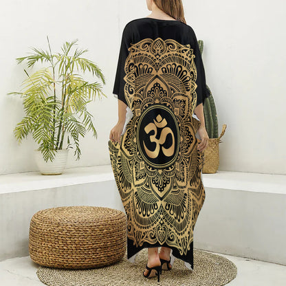 Gold Om Mandala Print Silk V-Neck Kaftan Dress
