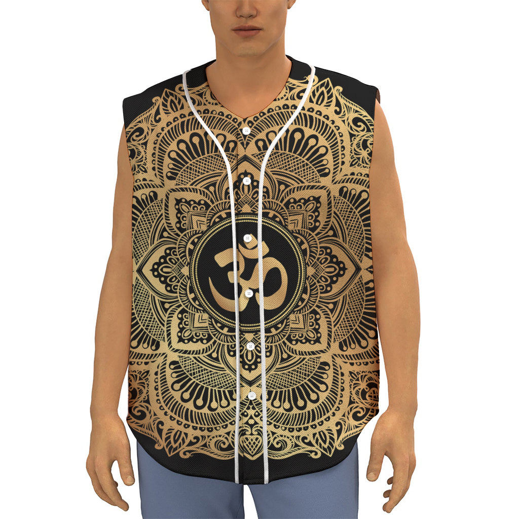 Gold Om Mandala Print Sleeveless Baseball Jersey
