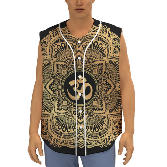 Gold Om Mandala Print Sleeveless Baseball Jersey