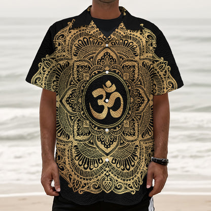 Gold Om Mandala Print Textured Short Sleeve Shirt