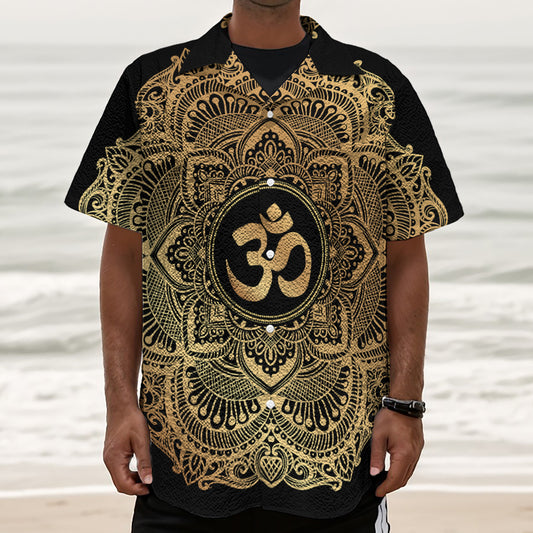 Gold Om Mandala Print Textured Short Sleeve Shirt