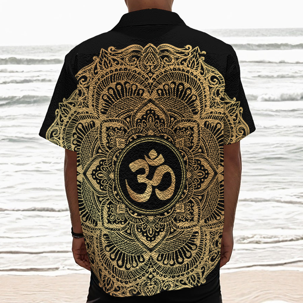 Gold Om Mandala Print Textured Short Sleeve Shirt