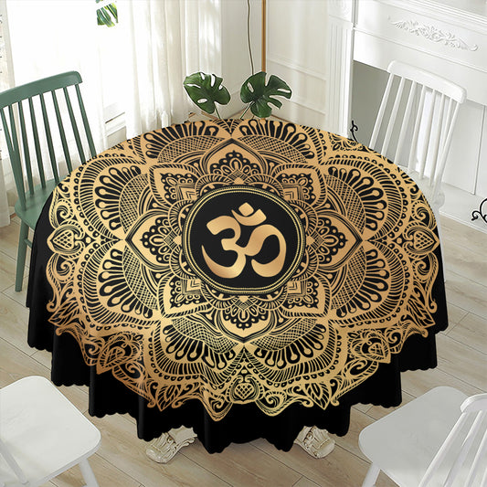Gold Om Mandala Print Waterproof Round Tablecloth