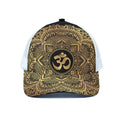 Gold Om Mandala Print White Mesh Trucker Hat