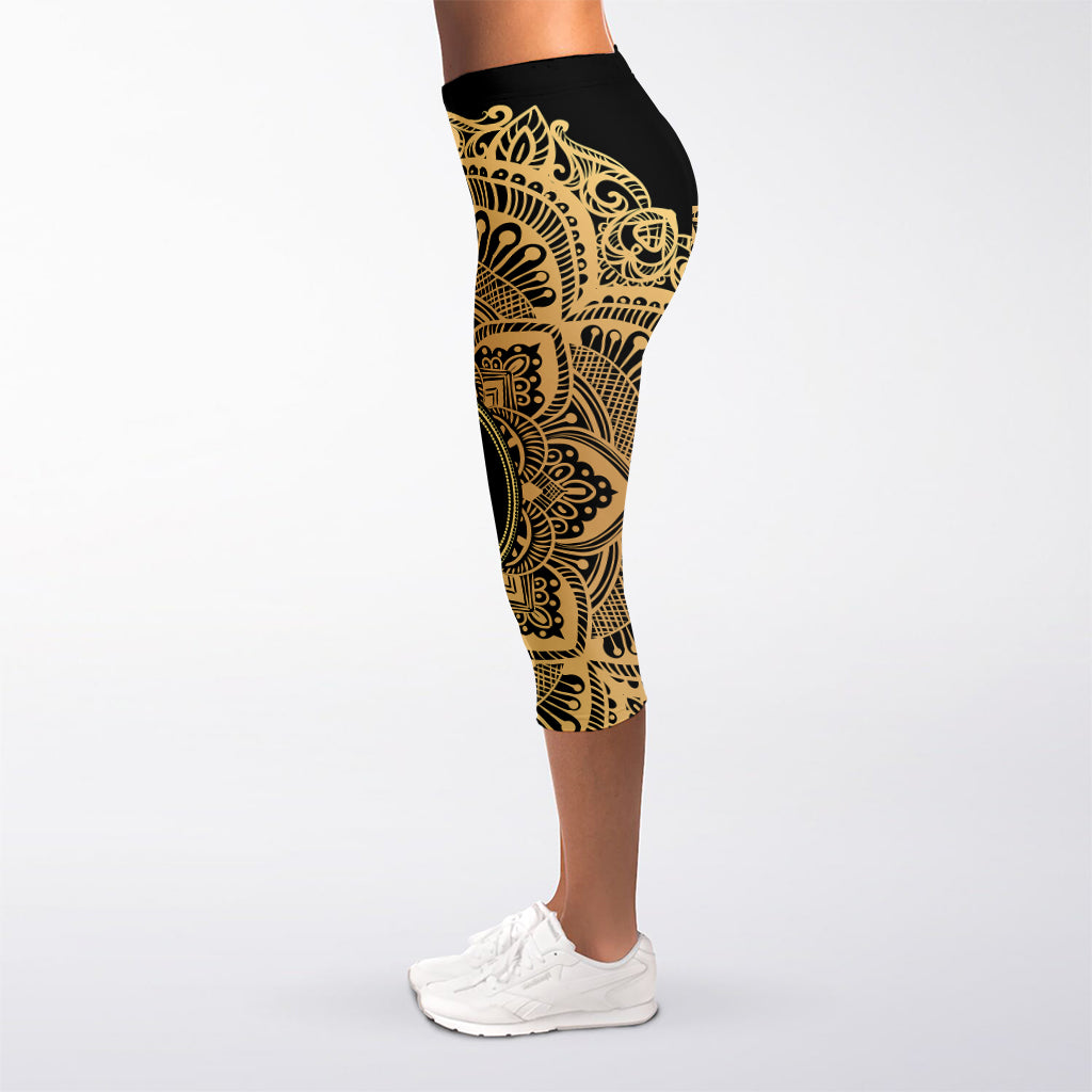 Gold Om Mandala Print Women's Capri Leggings