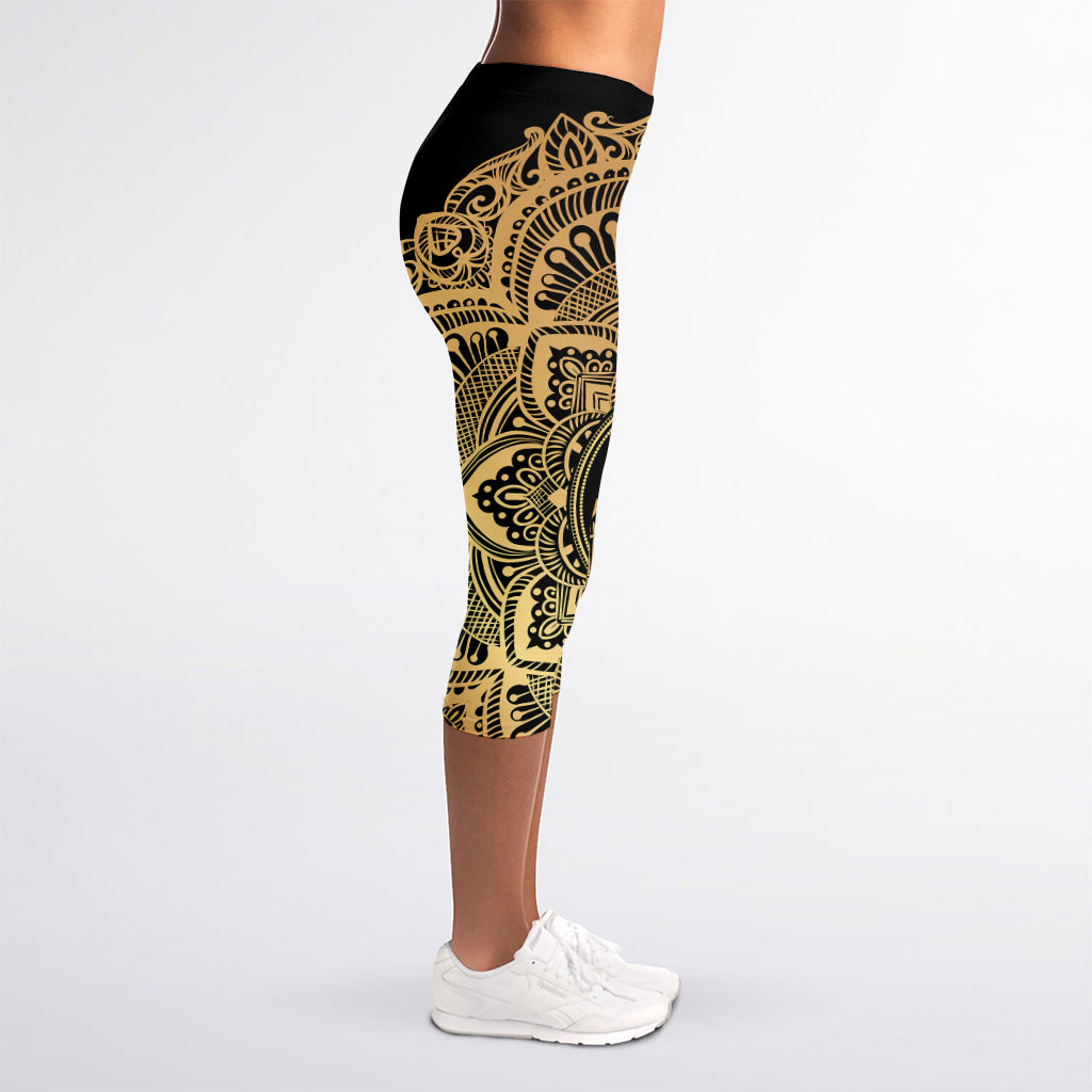 Gold Om Mandala Print Women's Capri Leggings