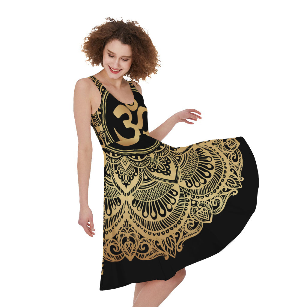 Gold Om Mandala Print Women's Sleeveless Dress