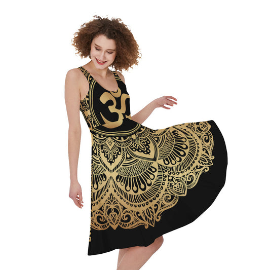 Gold Om Mandala Print Women's Sleeveless Dress