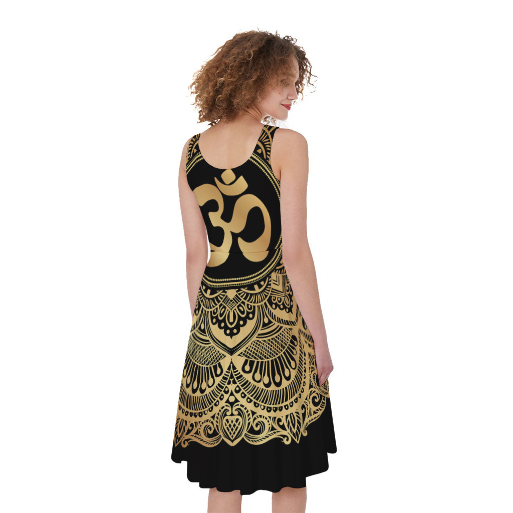 Gold Om Mandala Print Women's Sleeveless Dress