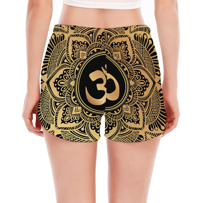 Gold Om Mandala Print Women's Split Running Shorts