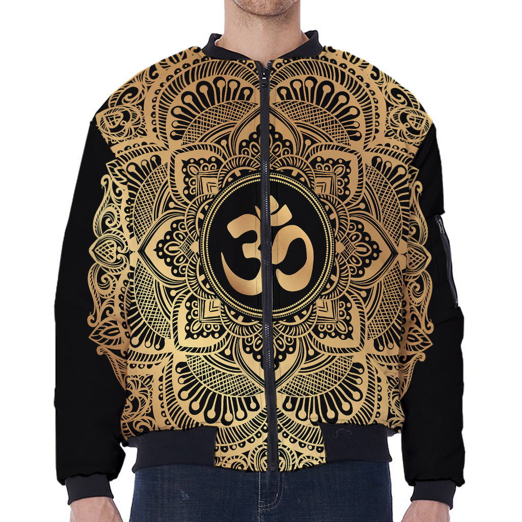 Gold Om Mandala Print Zip Sleeve Bomber Jacket
