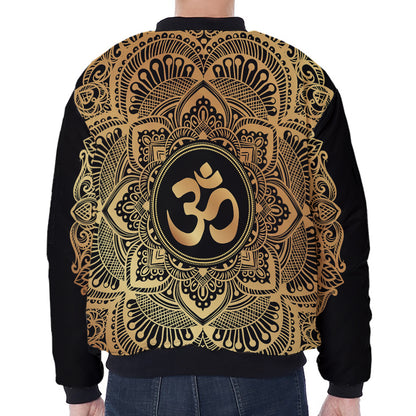 Gold Om Mandala Print Zip Sleeve Bomber Jacket