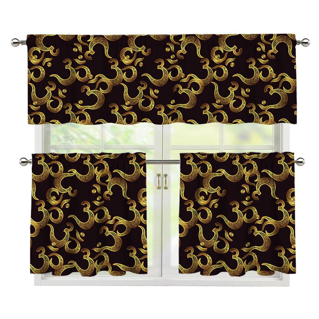 Gold Om Symbol Pattern Print 3 Piece Kitchen Curtains