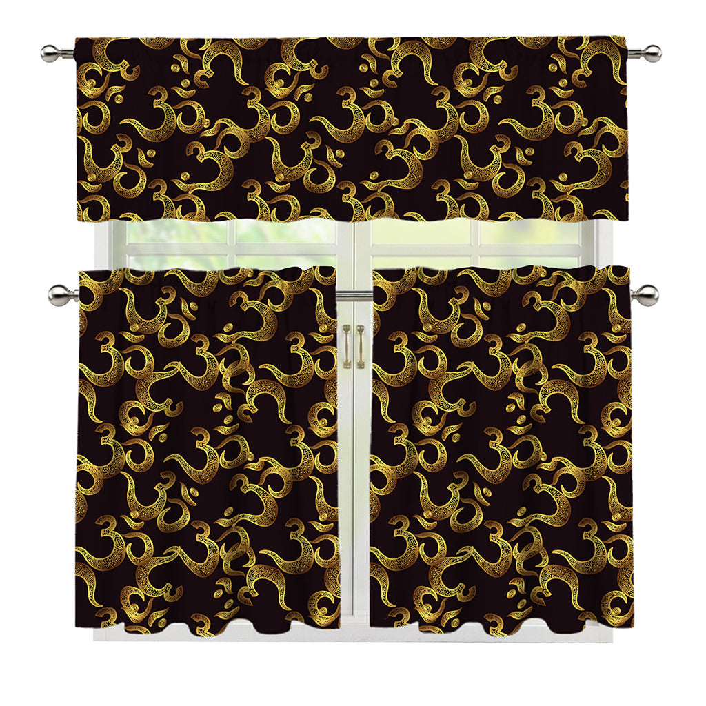 Gold Om Symbol Pattern Print 3 Piece Kitchen Curtains