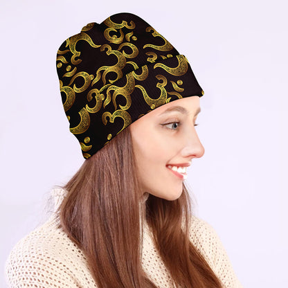 Gold Om Symbol Pattern Print Beanie