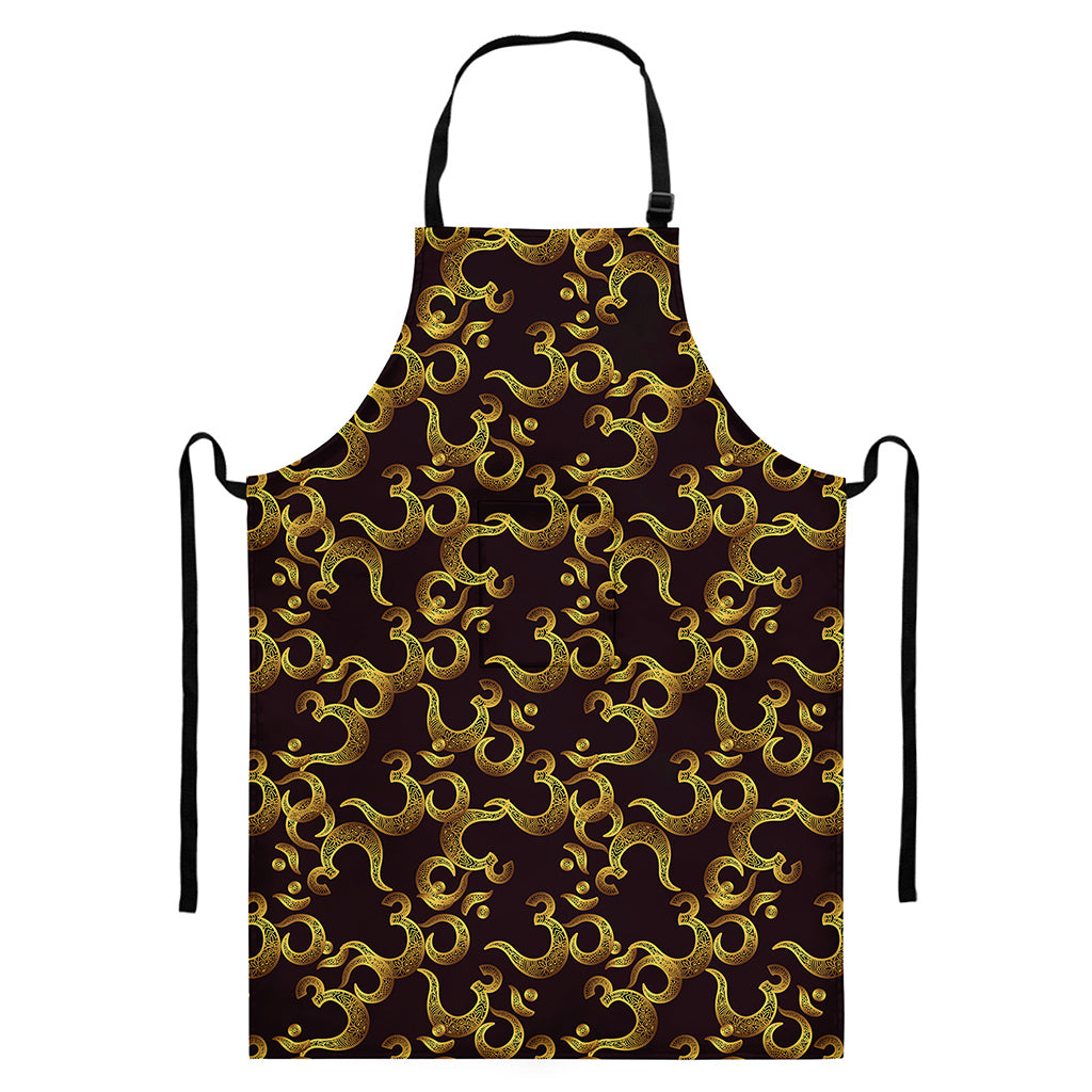 Gold Om Symbol Pattern Print Bib Apron With Pocket